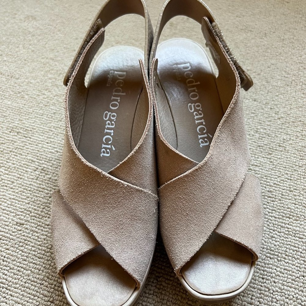 Pedro García Suede Slingback Wedge Sandal (Color: Desert Castoro, Size 37)